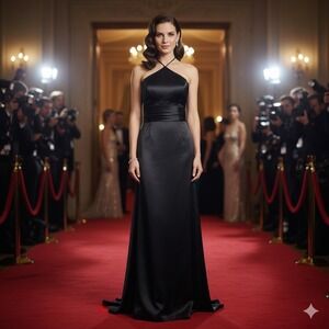 Nicole Miller New York Black Satin Halter Neck Long Formal Gown Evening Dress 2‎